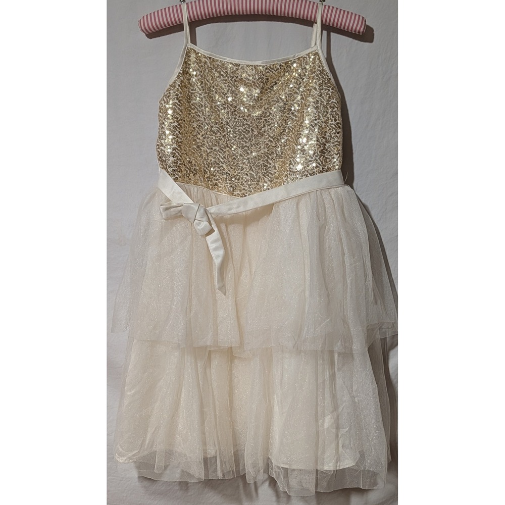 Wonder Nation Girls Dress Size 12 Plus Ivory Gold Sequin Tulle Party Holiday